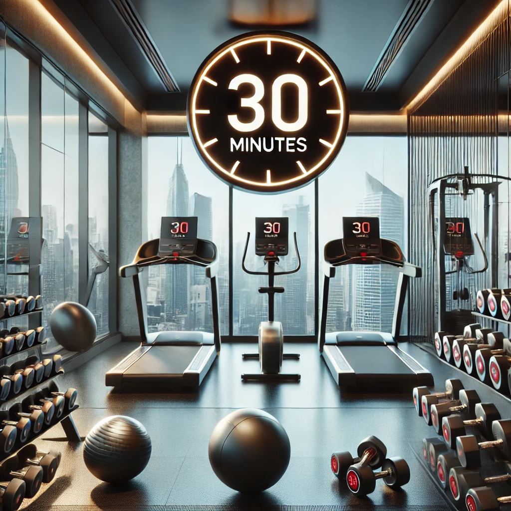 Modern hotel gym overlooking a city skyline, suggesting a focused 30-minute session
